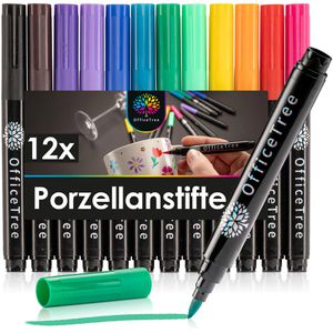 OfficeTree Porzellanstifte 6106, 12 Farben, Pinselspitze 1-3 mm, spülmaschinenfest, 12 Stück