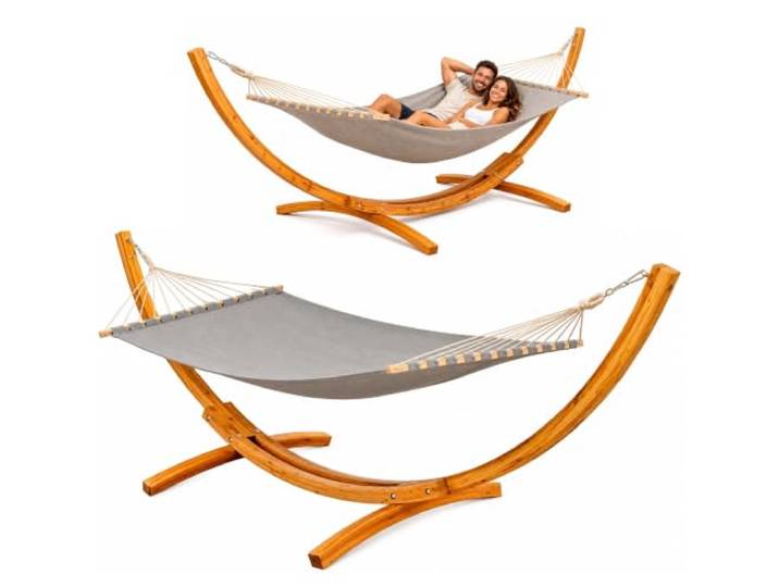 AMANKA XXL Hängematte mit Gestell 325 cm – stabiles Outdoor Hängemattengestell aus Holz mit Grauer Stabhängematte für Zwei Personen – entspanntes Hängemattenset für Garten Balkon oder Terrasse