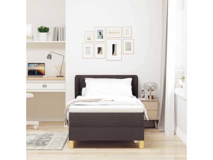 KTHLBRH Einzelbett 90 x 190 cm mit verstellbarem Kopfteil, Dunkelbraun Struktur aus massivem Kiefernholz, Taschenfederkernmatratze, atmungsaktiver Stoff, 2 Höhen