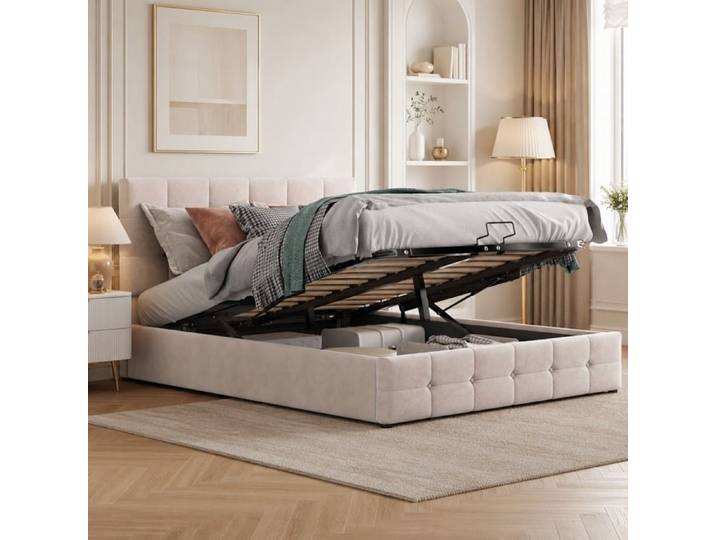 Lit rembourré 140x200 cm avec sommier à lattes Lit double avec tête de lit rembourré Lit adulte Beige