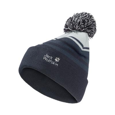 Bommelmütze JACK WOLFSKIN "STRIPY POMPOM BEANIE K", Jungen, Gr. M, blau (schwarznavy), Polyacryl, Mützen, Bommelmütze für Kinder, warm, bequem