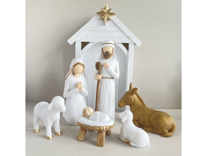 FAMORVIA Grande scène de crèche lot de 7 - Figurines de Noël en résine sans visage avec sainte famille bébé jésus âne mouton et St