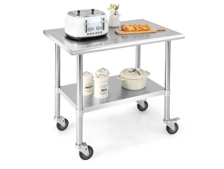 COSTWAY Table Plan de Travail Cuisine en Acier Inoxydable à 2 Niveaux avec 4 Roues en PU Plateau Inférieure Réglable Charge 250 kg