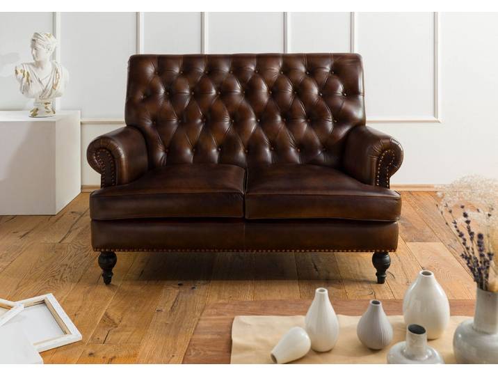 Canapé 2 places en cuir véritable marron CHESTERFIELD #106
