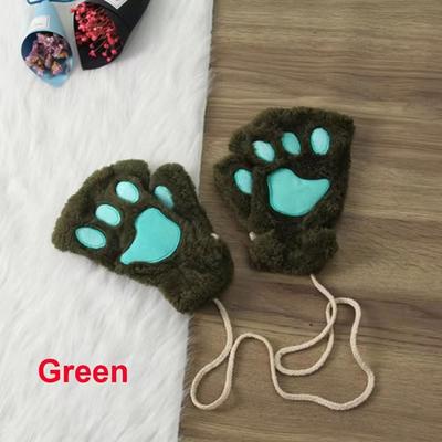 Inspired Finds Cute Cat Claw Winter Half Finger Gloves Thick Fluffy Bear Paw Plush Fingerless Mittens For Women And Girls green