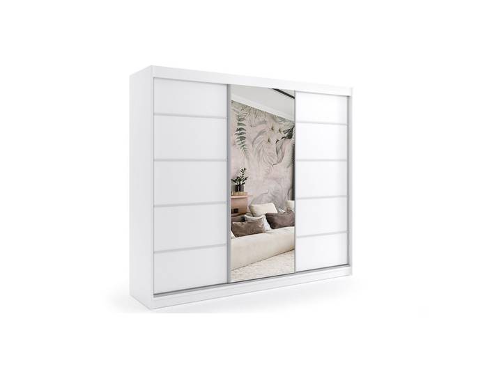 KLEIDERSCHRANK mit Spiegel-Schiebetüren und Aluminium-Leisten - MAKI - 180 cm Weiß