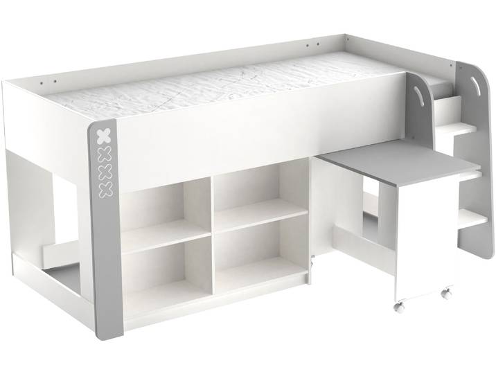 Hochbett DEMEYERE GROUP HAMPTON Kombi Bett mit Schreibtisch , grau, B:124,2cm H:97,8cm L:210,3cm, Hochbetten, Hochbett, Kombi Bett mit Schreibtisch auf Rollen