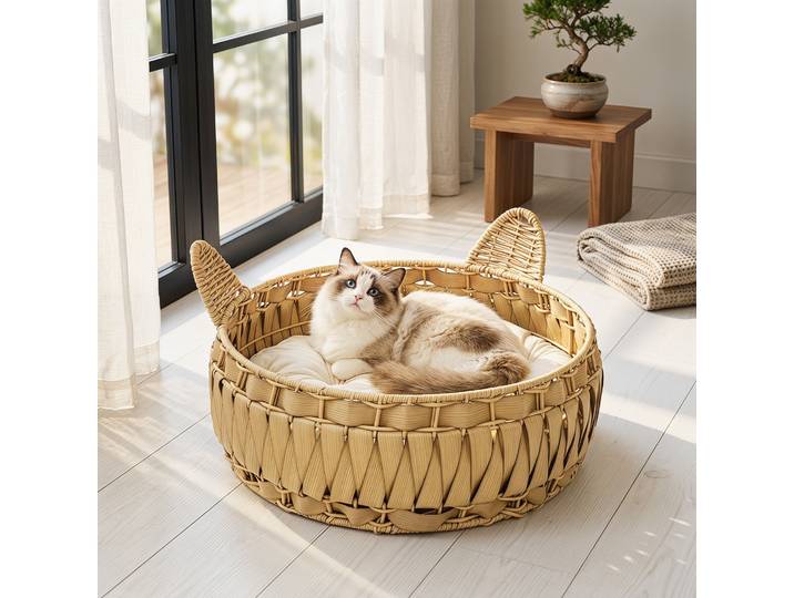 PawHut Lit Chat Rotin Coussin Amovible 50x50x25cm Marron Clair
