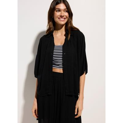 Kurzarmbluse BONPRIX, Damen, Gr. 46, schwarz, Obermaterial: 100% Viskose, oversize, Blusen, luftige Kurzarmbluse, Oversize-Passform, mit Hemdblusenkragen