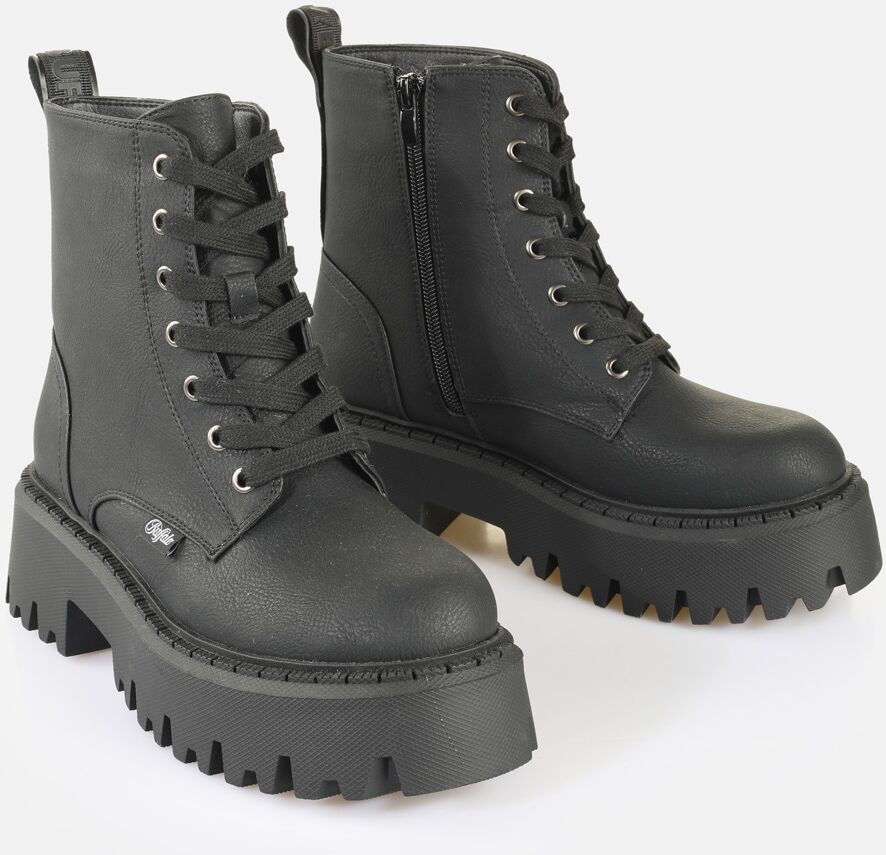 Schnürboots BUFFALO "ASPEN", Damen, Gr. 38, schwarz, Lederimitat, Schuhe Schnürboots, Schnürstiefelette, Boots mit Reissverschluss schwarz 38