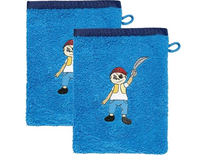 Erwin Müller Kinder-Waschhandschuh, Waschlappen 2er- Pack Frottier blau Größe 15x21 cm - hochwertiger Stickmotiv Pirat, 100% Baumwolle
