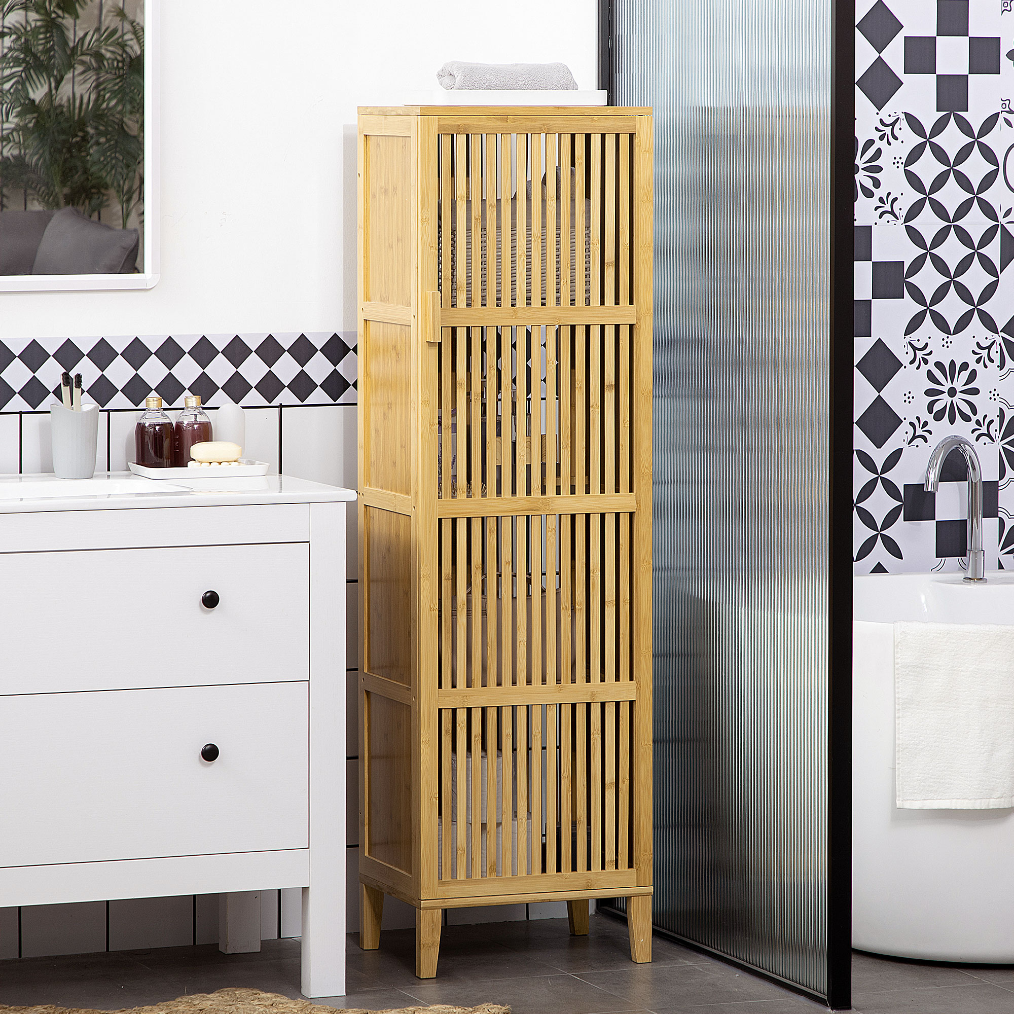 Homcom Mobile Bagno Stretto in Bambù, Mobiletto Bagno Salvaspazio con 4 Ripiani e Porta a Doghe, 40x30x140 cm, Naturale   Aosom Italy