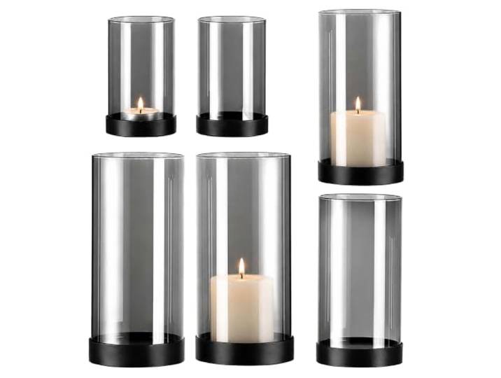 Lot de 6 photophores Relaxdays\, Verre fumé avec Socle en métal\, Gris/Noir 3 tailles\, pour bougies cylindriques et bougies chauffe-plat\, décoration de table