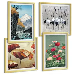 BILDER SET 4er Set - 50x50 cm & 40x60 cm Goldrahmen - Berge, Wasserfälle, Vögel, Blumen