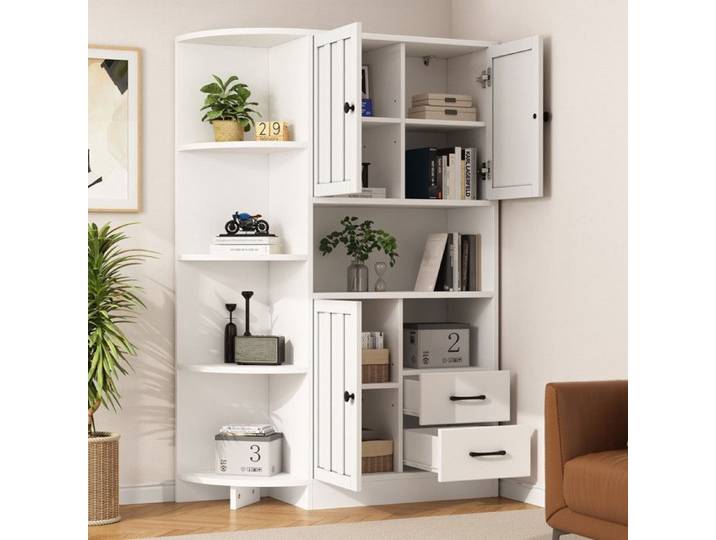 Vitrine Armoires D'angle 104x35x155cm vitrine de salon avec 3 armoires+2 tiroirs bibliothèques de salon avec 14 zones stockage blanc