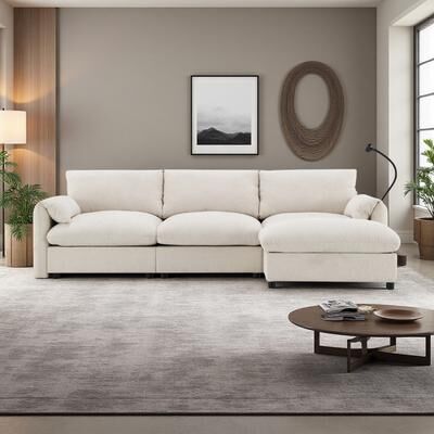 "96.5"" Chenille L-Shape Sectional Sofa with Storage Ottoman, Adjustable Phone Holder, USB Charger, and Elephant Ear Armrests"
