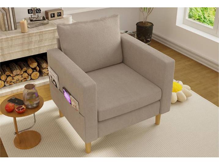 LVHOM Loungesessel Einzelsessel mit Seitentaschen,60cm Sitztiefe, bequeme Sitzfläche (Chenille-Stoff, ergonomisches Design, stabile Holzbeine, belastbar bis 150kg, 15cm Bodenfreiheit), für Wohn-/Schlaf-/Arbeits-/Wartezimmer, Büro, Leseecke, Ruhezone