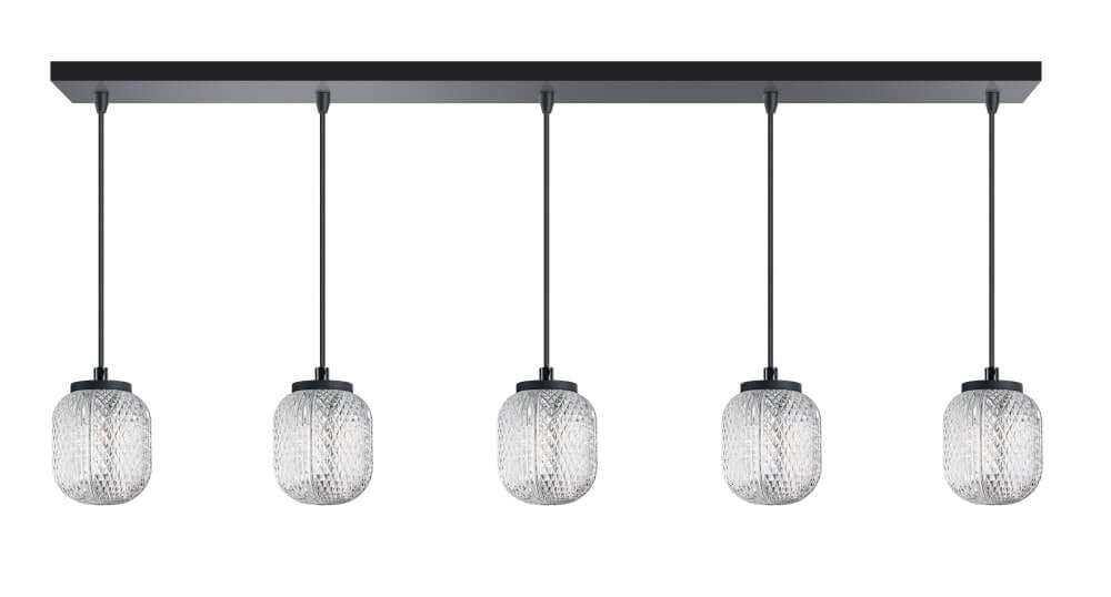 Rechte hanglamp Kristel 5-lichts zwart ETH met transparant glas
