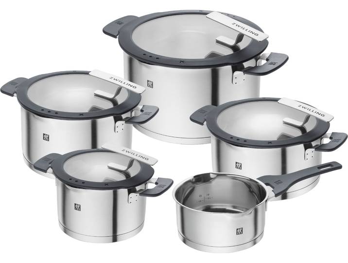 Topf-Set ZWILLING Simplify , silber, Töpfe, Topf-Set, Sandwichboden, Stay-Cool-Griffe, integriertes Sieb, (Glas)Deckelhalter, Topseller