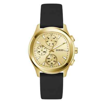 Multifunktionsuhr GUESS "PALMER", gold (schwarz), Armbanduhren, Herren, Quarzuhr, Armbanduhr, Herrenuhr, Silikonarmband, analog, Wochentag