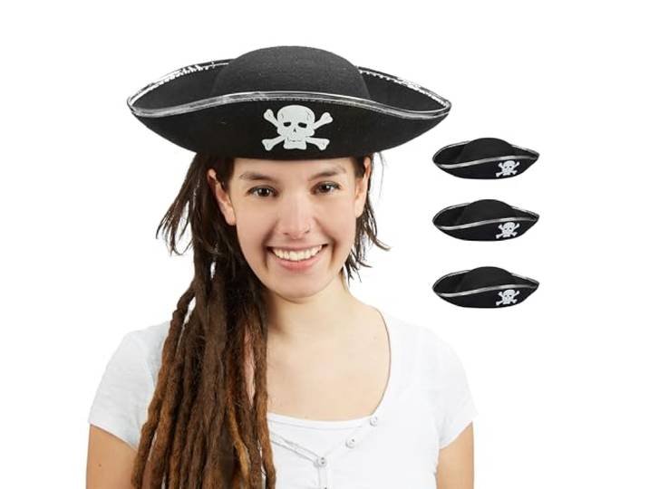 Relaxdays Chapeau de pirate\, lot de 4\, hommes et femmes\, accessoire de déguisement\, tricorne\, polyester\, noir/argenté