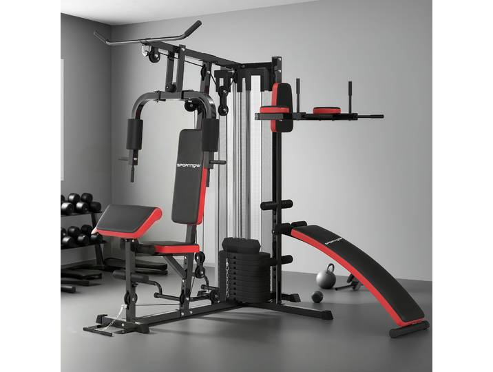 SPORTNOW Station Multi Gym 65kg avec Banc Abdominaux Noir Rouge