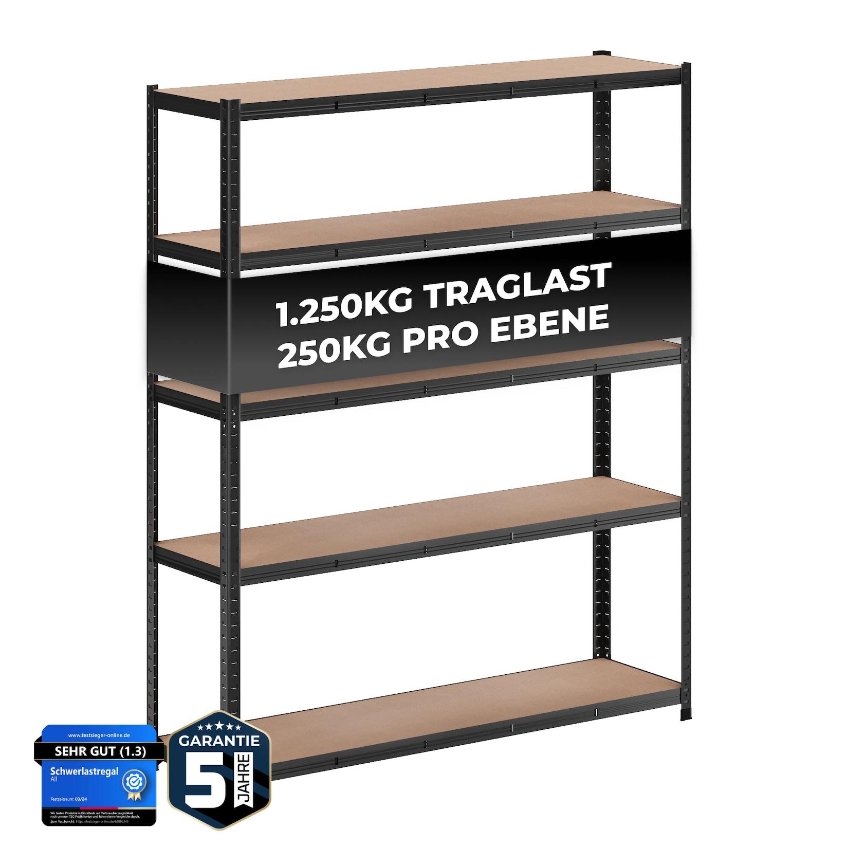 ALLSHELF Premium Schwerlastregal 180x150x40cm Schwarz – Bis 1250 kg belastbar, höhenverstellbar, Stecksystem, ideal für Lager, Garage & Keller