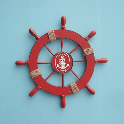Uplift Curations Retro Wooden Ship Wheel Helm Decor Vintage Nautical Boat Steering Wall Art For Coastal Home Decoration red