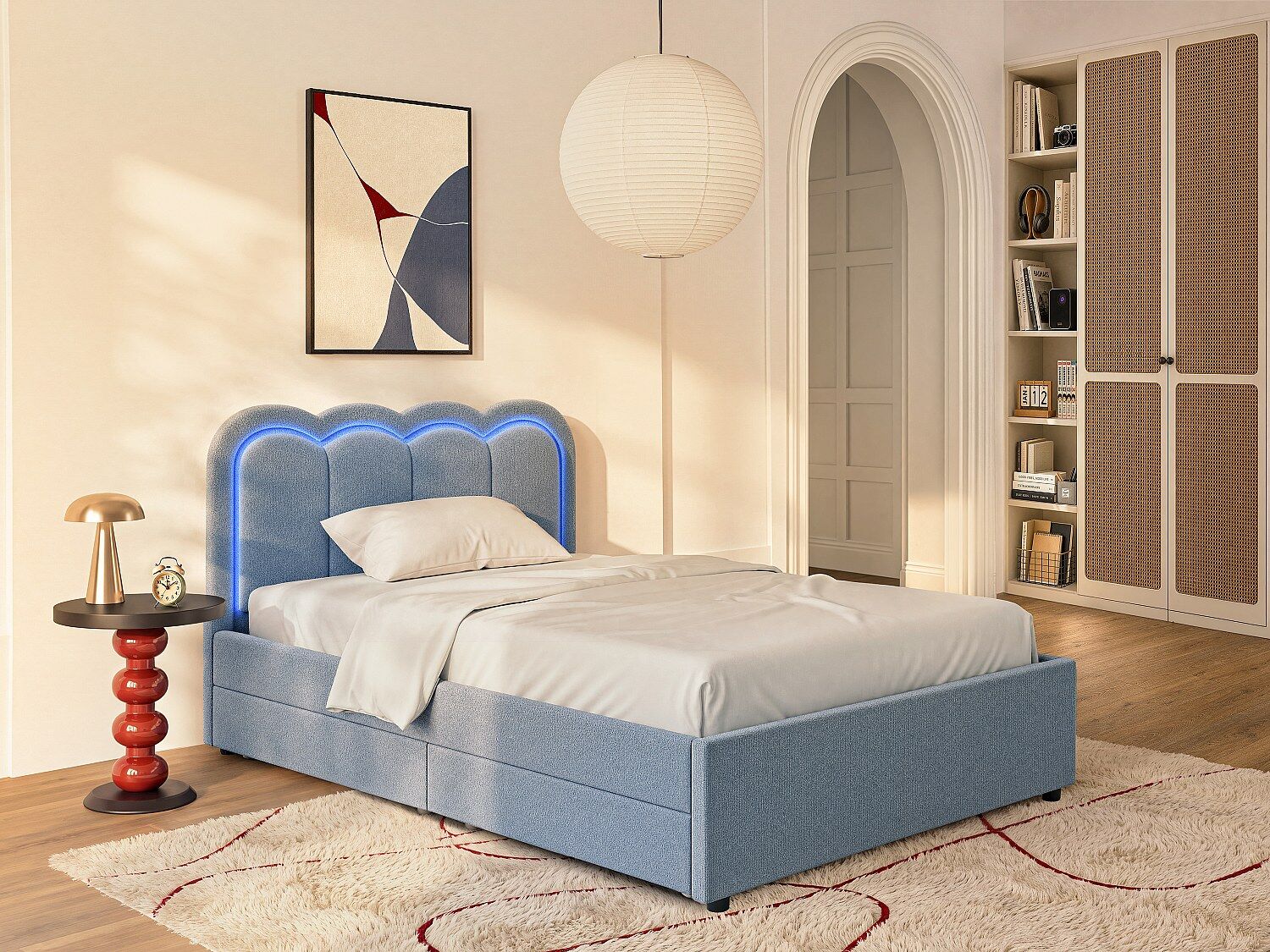 Unique Cama 90 x 190 cm con 2 cajones - Con LEDs - Chenilla - Azul claro NESTIAKO