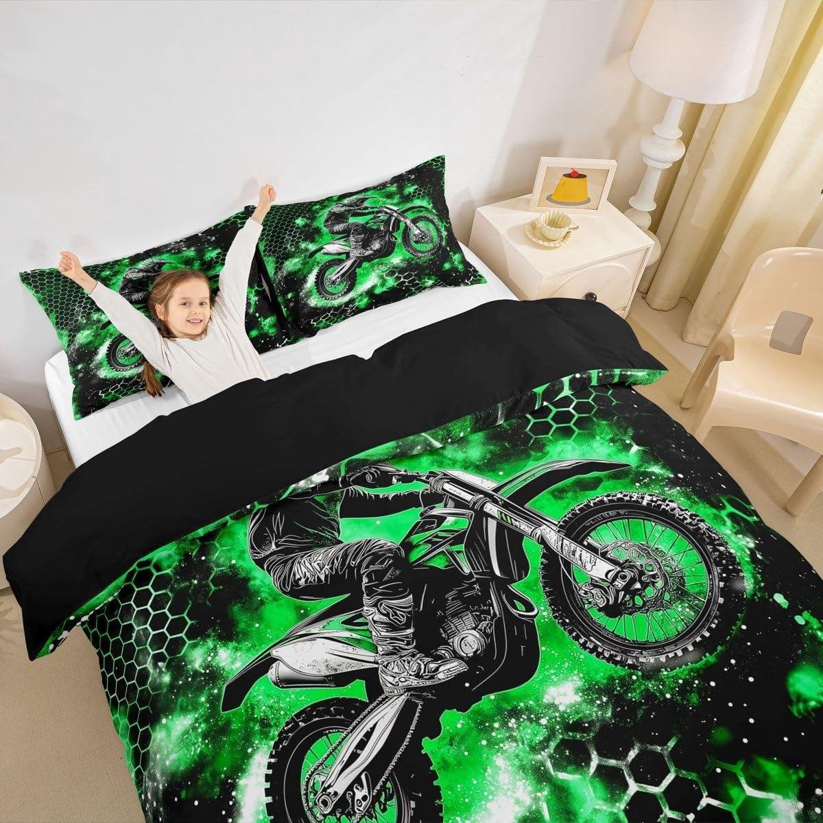Dekbedovertrek Set voor Kinderen met Motocross Thema - Zwart Groen - 155 x 220 cm
