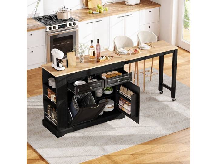 Zitty Îlot de Cuisine sur Roulettes Extensible avec Rangement Poubelle MDF 112-180x45x92cm Noir