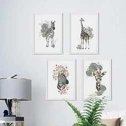 POSTER Set mit 4 GiraffenzebraKlinge, Blumen und Pflanzen aus dem Dschungel A3 Schwarzer Rahmen