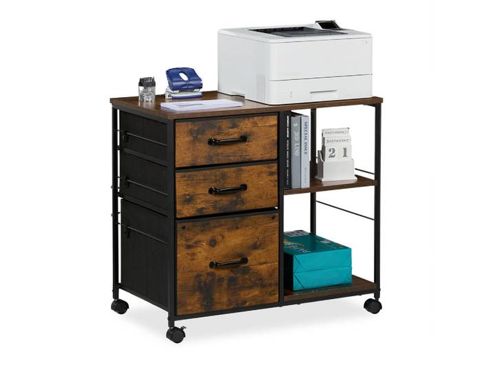 Relaxdays Rollcontainer Braun Schwarz 3 Schubladen Hängeregister 68x75x40 cm, Mehrfarbig, Metall, 75x68x40 cm, Büromöbel, Schreibtischcontainer, Rollcontainer