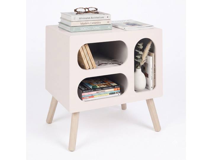 Relaxdays Nachttisch Weiß Natur 3 ovale Fächer 45x45x35 cm, Holzwerkstoff, Holz, 45x45x35 cm, Schlafzimmer, Nachttische