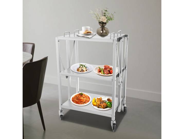 Chariot de service pliable à 3 niveaux, chariot de cuisine en acier inoxydable, établi de rangement, charge de 220 lb pour cantines, bars, hôtels