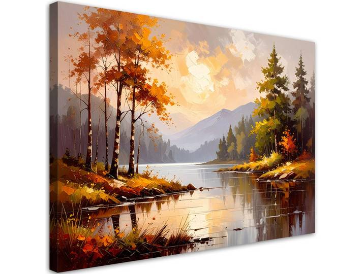 Feeby Leinwandbild Fluss Bäume Berglandschaft 90x60cm, Beige, Landschaft/Berg, Rechteckig, 90x60 cm, Bilder & Rahmen, Bilder, Leinwandbilder