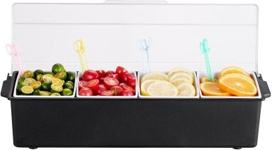 VEVOR Gekoelde ingrediëntencontainer met 4 compartimenten van 800 ml per stuk, zwart plastic pizzatoppingstation en displaystandaard met deksel