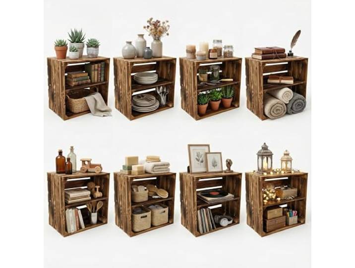 Teramico Massive Holzkisten geflammt mit Zwischenboden (8er Set Längs) Neue, geflammte Holzkisten mit Zwischenboden. Absolut stabil für Do-it-yourself Möbelbau, Regal oder Aufbewahrung.