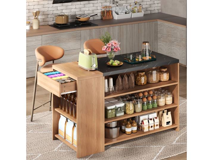 Îlot de cuisine multifonctionnel, comptoir de bar, table à manger, rangement à 5 niveaux avec tiroirs cachés, comptoir en marbre épaissi