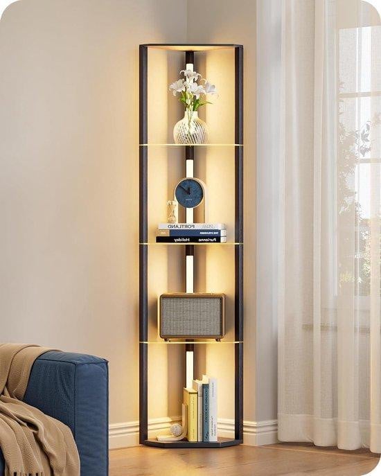 EDISHINE Booglamp met planken en draaibare kop - Zwarte vloerlamp voor leeslicht en sfeerverlichting