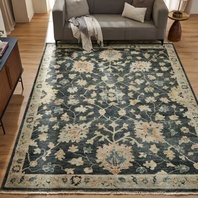 KALATY Amaris Charcoal Botanical Hand Knotted Wool Area Rug