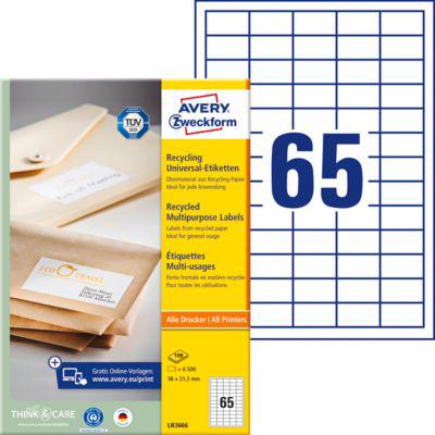Avery® Zweckform Etiketten LR3666, A4, universell, permanenthaftend, druckergeeignet, Recycling-Papier, rechteckig, naturweiß, 6500 Stück auf 100 Bogen