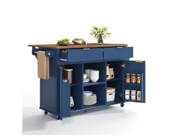 Îlot central de cuisine – cuisine roulante – plan de travail rabattable – 2 tiroirs – bleu
