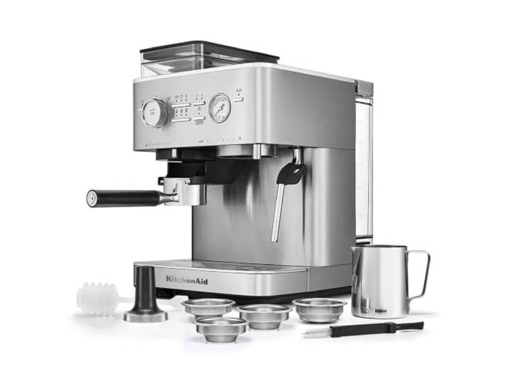 KitchenAid Siebträgermaschine mit Mahlwerk Edelstahl Frisch gemahlener Espresso mit 15 Mahlgraden, PID-Regelung und Dampfdüse für Milchschaum; langlebige Metallkonstruktion