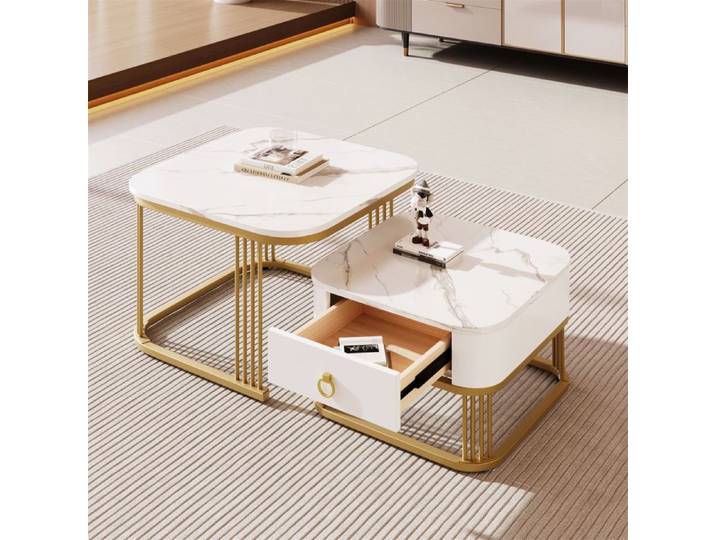 Table basse salon 2 en 1 Table d'appoint blanc avec tiroirs Décoration doré 60x60x45+50x50x34cm