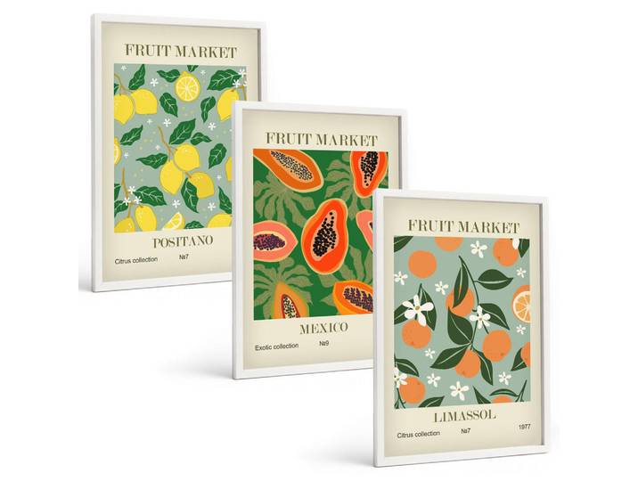 Tulup Bilder SET 3er Set - 40x60 cm Weißer Rahmen - Fruchtposter Zitronen Papayas, Kunststoff, Rechteckig, 40x60 cm, Fotografie, Bilder & Rahmen, Bilder