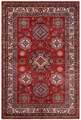 Treasured Knots Caucasian Super Kazak Luna Red/Beige Hand Knotted Wool Rug - 5'9'' x 7'9''