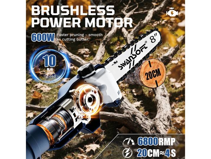 Tronçonneuses électriques de taille SWANSOFT, scie à perche télescopique 21V, coupe-branche de jardin de 8 pouces, scie à perche réglable pour l'élagage des arbres