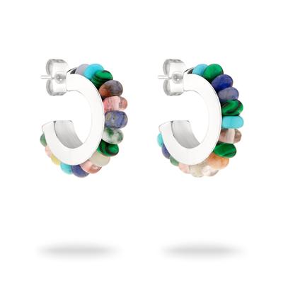 Paar Creolen TAMARIS "Schmuck Geschenk Edelstahl Ohrringe All About Beads", weiß (edelstahlfarben, türkis, grün, lila, rosa, weiß, türkis, grün, lila, rosa, weiß), Ohrringe, Damen, 20mm, Edelstahl, mit Naturstein