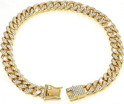 Inspired Finds Luxury Gold Cuban Link Rhinestone Pet Necklace For Cats & Small Dogs gold 7.87in